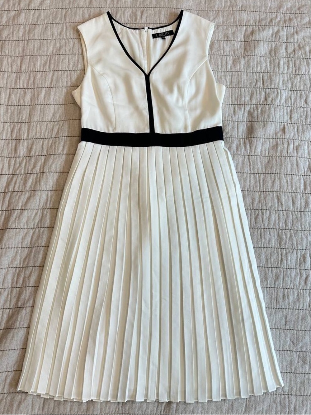 White Pleated Midi Dress with Black Trim